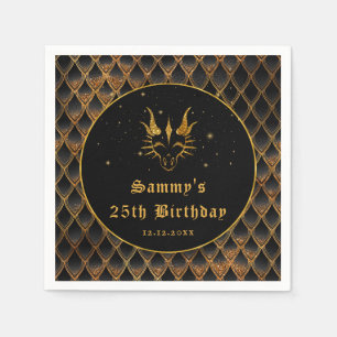 Black Dragon Scales Gold Faux Glitter Birthday Napkin