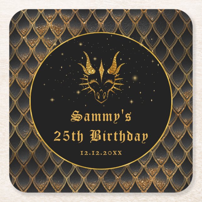Black Dragon Scales Gold Faux Glitter Birthday Square Paper Coaster (Front)