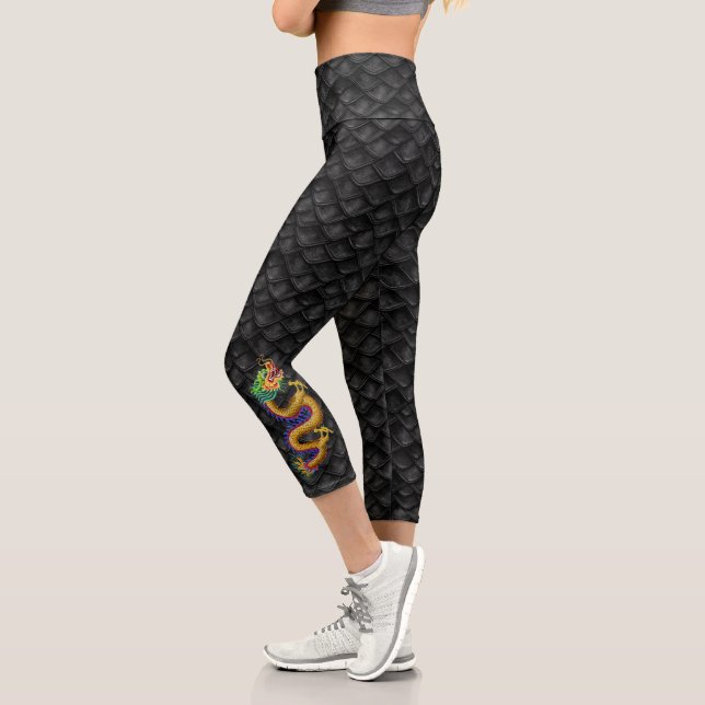 Black Dragon Scales with Gold Dragon Capri Leggings (Left)
