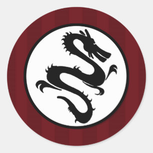 Black Dragon Silhouette on Red Stripes Classic Round Sticker