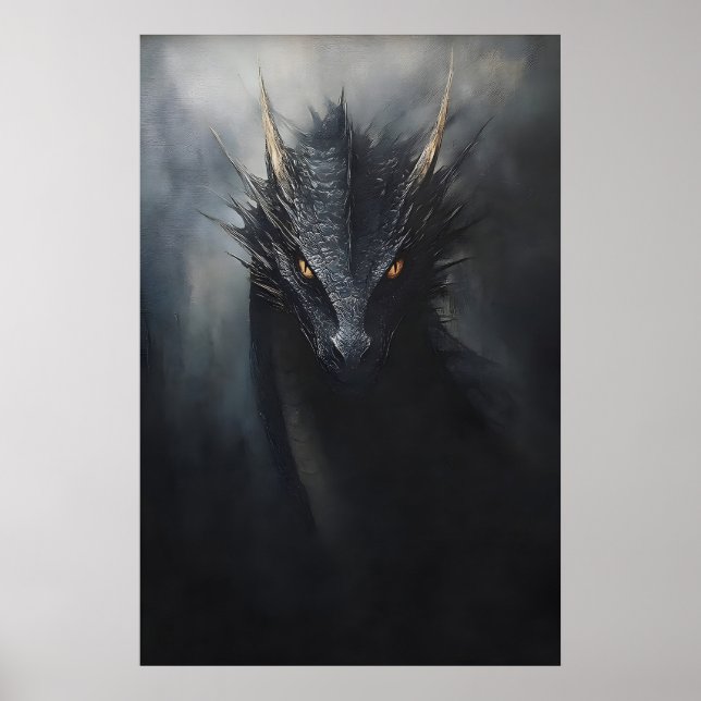 Black dragon wall print, moody goblincore poster (Front)