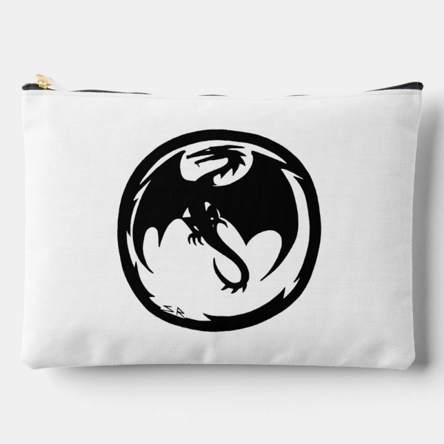 Black Dragon white large accessory bag pouch (Front)