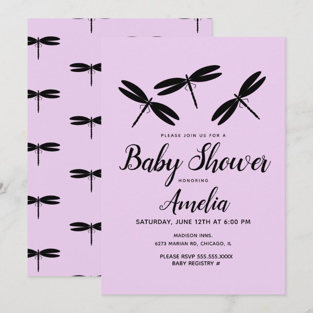 Black Dragonflies  Purple Baby Shower   Invitation (Front/Back)