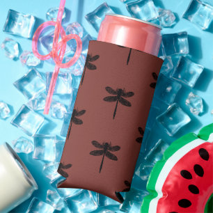 Black dragonfly sketch pattern on brown seltzer can cooler