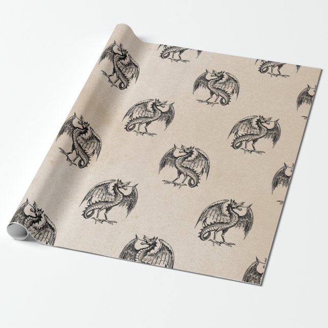 Black Dragons on Tan Wrapping Paper (Unrolled)