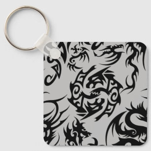 Black dragons pattern outline.b Grey BG Key Ring