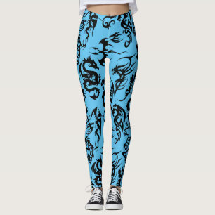Black dragons pattern outline.b L Blue BG Leggings