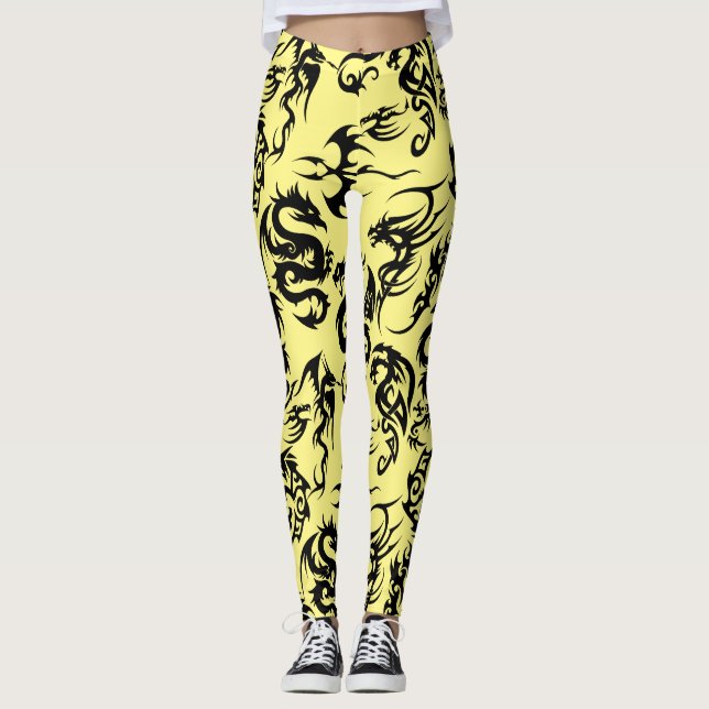 Black dragons pattern outline.b L Yellow BG Leggings (Front)