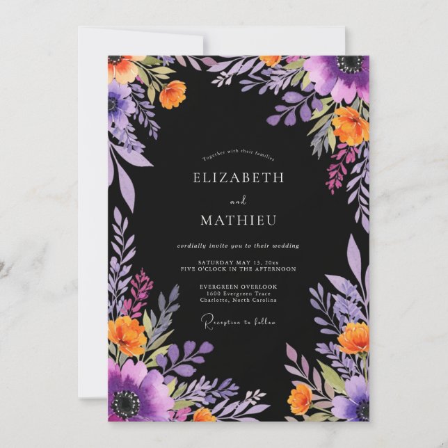 Black Dramatic Botanical Wedding Invitation (Front)