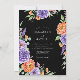 Black Dramatic Floral Watercolor Wedding Invitation