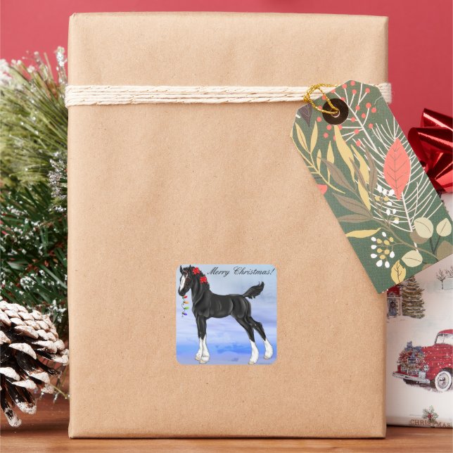 Black Draught Horse Foal Christmas Square Sticker (Holiday)