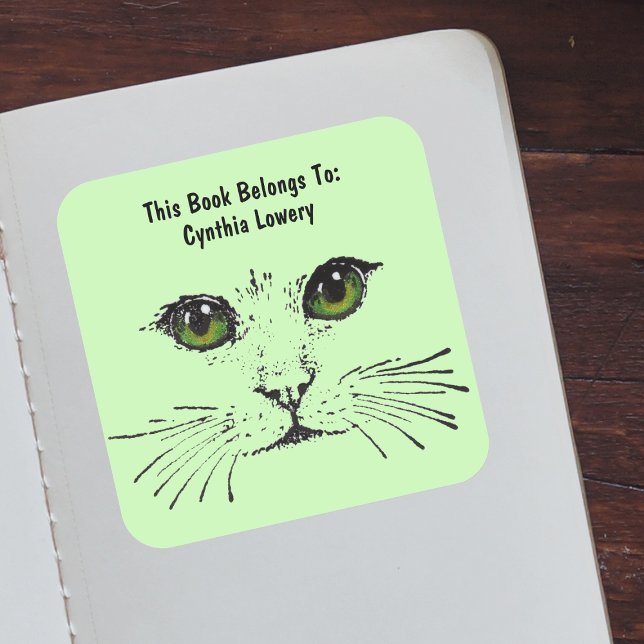 Black Drawing Cat Face Big eyes Light Green Square Sticker (Creator Uploaded)