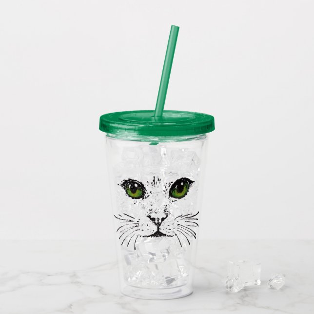 Black Drawing of Cat Face Whiskers Green Eyes Acrylic Tumbler (Back Ice)