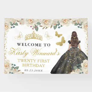Black Dress Brunette Princess Floral Birthday Banner