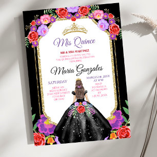 Black Dress Mis Quince 15 Anos Mexican Floral Gold Invitation