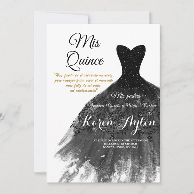 Black dress Quinceañera invitation (Front)