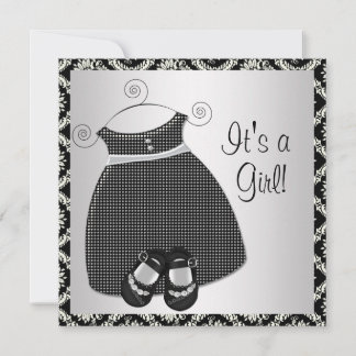Black Dress Shoes Black Damask Baby Girl Shower Invitation
