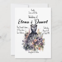 Black dress watercolor roses wedding Invitation