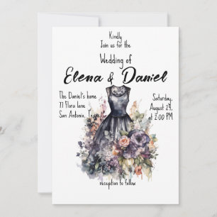 Black dress watercolor roses wedding Invitation