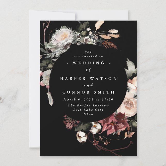 Black Dried Burgundy Rustic Florals Wedding Invitation (Front)