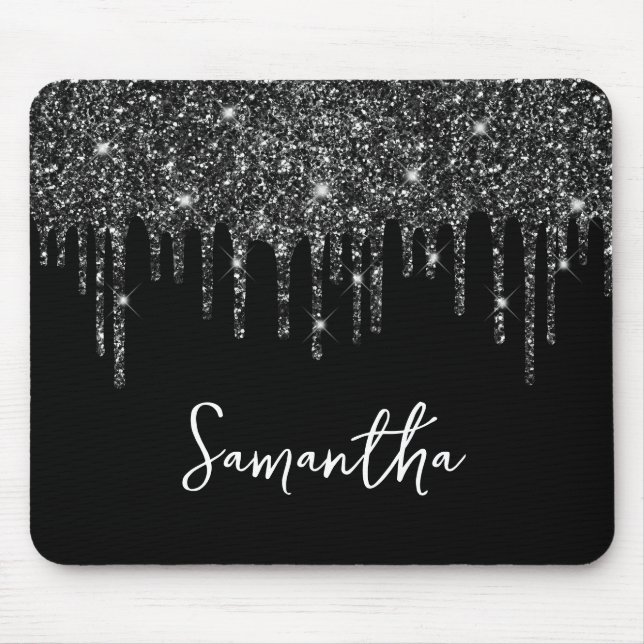 Black Dripping Glitter Glam Name Mouse Pad (Front)