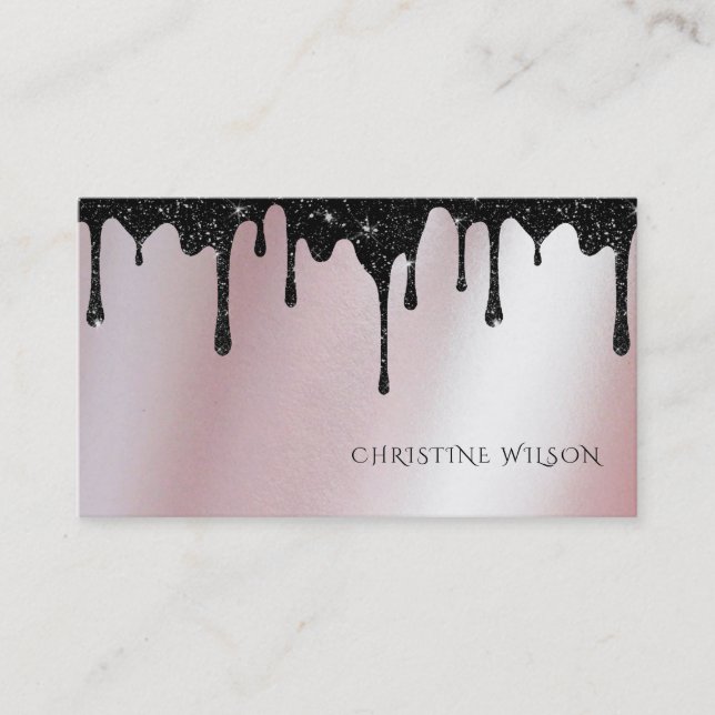 black dripping glitter on rose gold faux foil business card (Front)