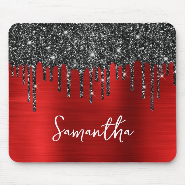 Black Dripping Glitter Red Glam Name Mouse Pad (Front)