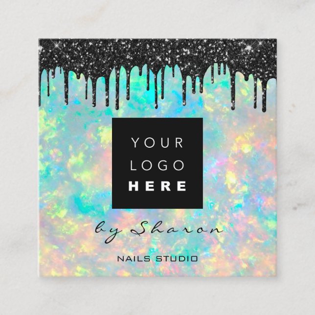 Black Drips 6 Punches QRCodeLogo Hair Holograph  Square Business Card (Front)
