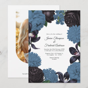 Black & Dusty Blue Photo/QR Code Floral Wedding Invitation