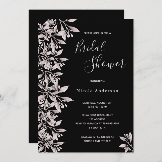 Black dusty rose botanical script Bridal Shower Invitation (Front/Back)