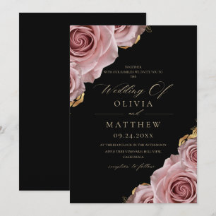 Black & Dusty Roses Elegant Modern Wedding  Invitation