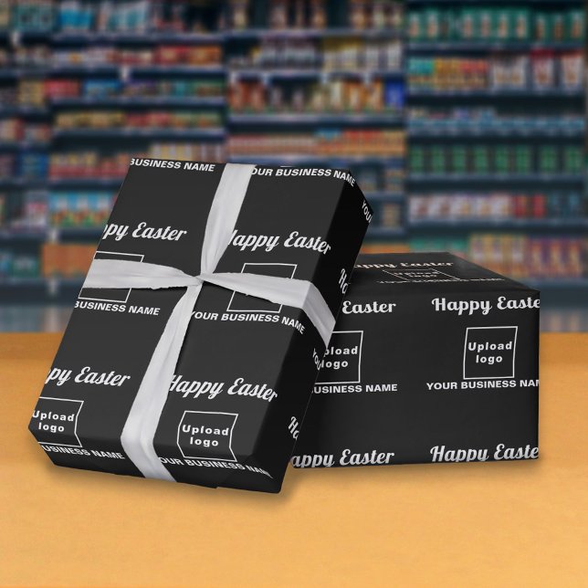Black Easter Business Wrapping Paper (Black wrapping paper with seamless pattern of Easter greeting, your business name and logo)