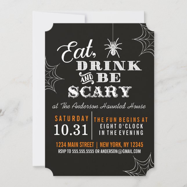 Black Eat Drink and Be Scary Halloween Party Invitation (Front)