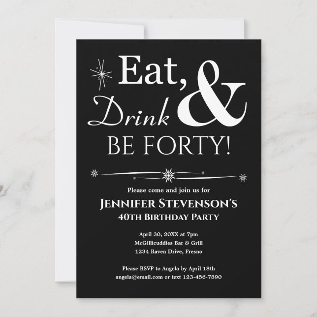 Black Eat Drink & Be Forty 40th Birthday Retro Invitation (Front)