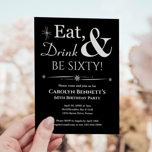 Black Eat Drink Be Sixty 60th Birthday Midcentury Invitation (Creator Uploaded)