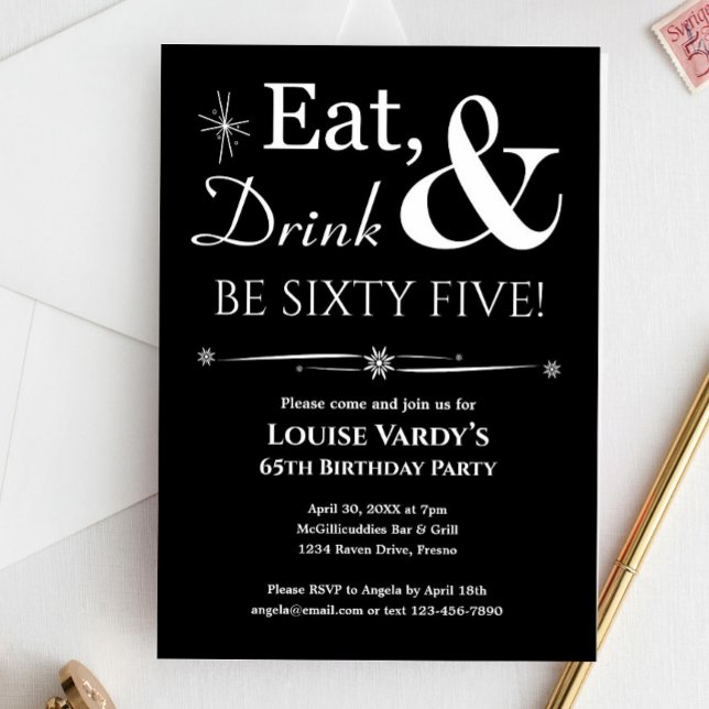 Black Eat Drink Be Sixty Five 65th Birthday Retro Invitation (Creator Uploaded)