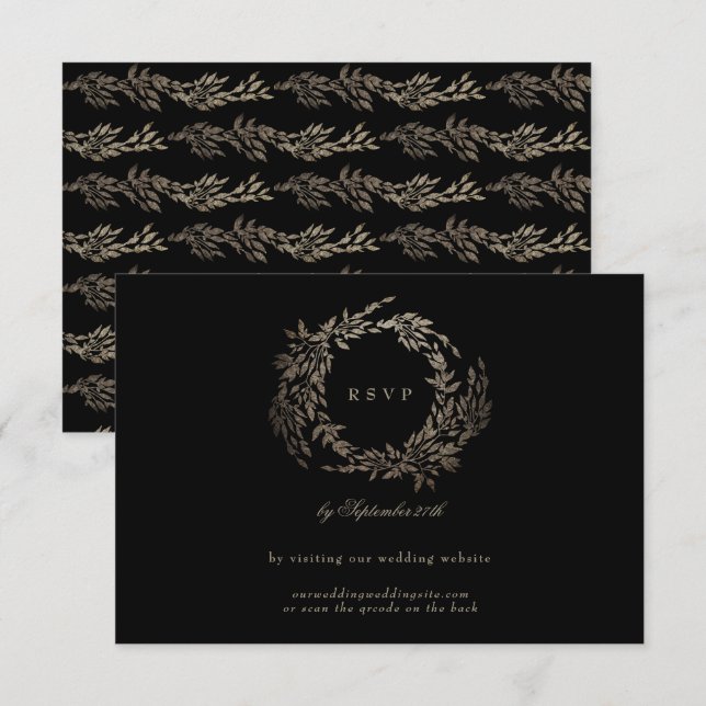 Black Ebony Botanical Wreath QR CODE WEBSITE RSVP Card (Front/Back)