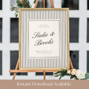 Black Ecru Classic Pinstripe Wedding Welcome Sign