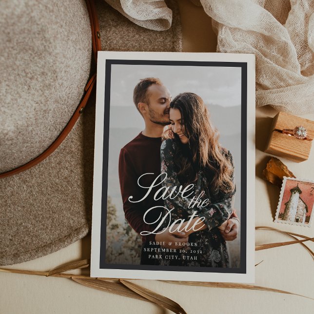 Black & Ecru Classic Script Photo Wedding Save The Date (Creator Uploaded)