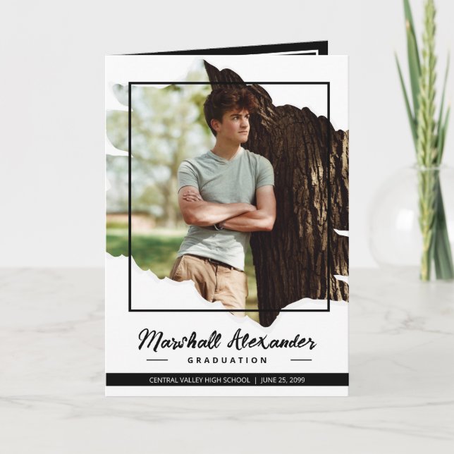 Black Edgy Abstract Torn Photo Graduation Invitation (Front)