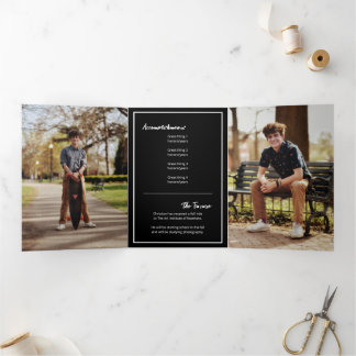 Black Edgy Abstract Torn Photo Graduation Tri-Fold Invitation