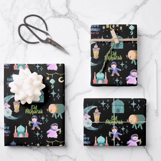 Black | Eid Al-Fitr Mubarak Wrapping Paper Sheet (Front)