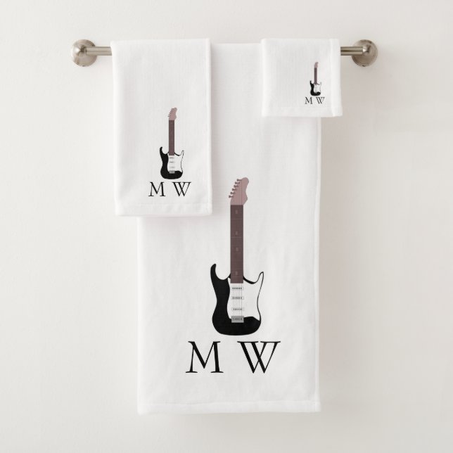 Black Electric Guitar Design Monogrammed Bath Towel Set (Insitu)