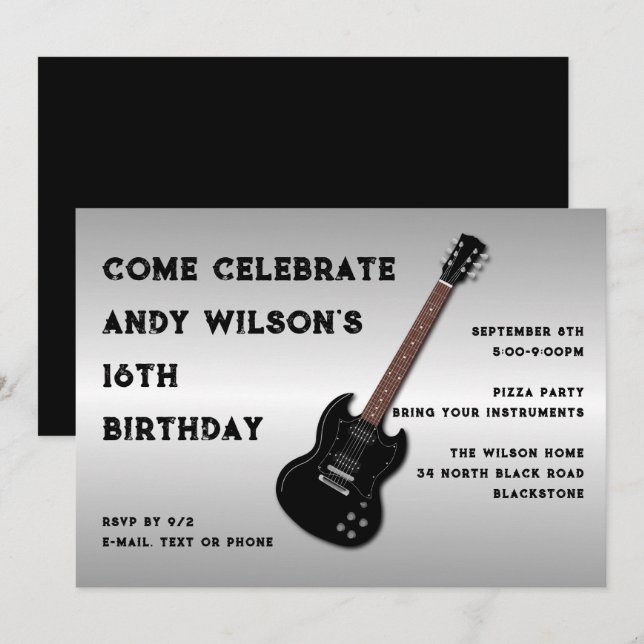 Black Electric Guitar Teen Boy Birthday Invitation (Front/Back)