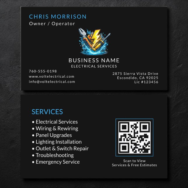 Black Electrician Services QR Code Business Card (Creator Uploaded)