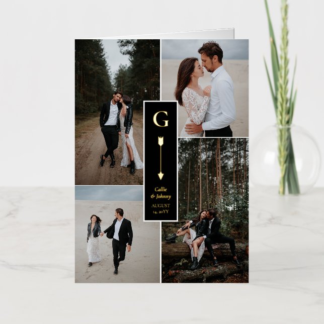 Black Elegant Arrow Wedding Photo Collage Foil Greeting Card (Front)