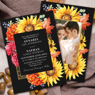 Black Elegant Autumn Watercolor Floral Photo Invitation