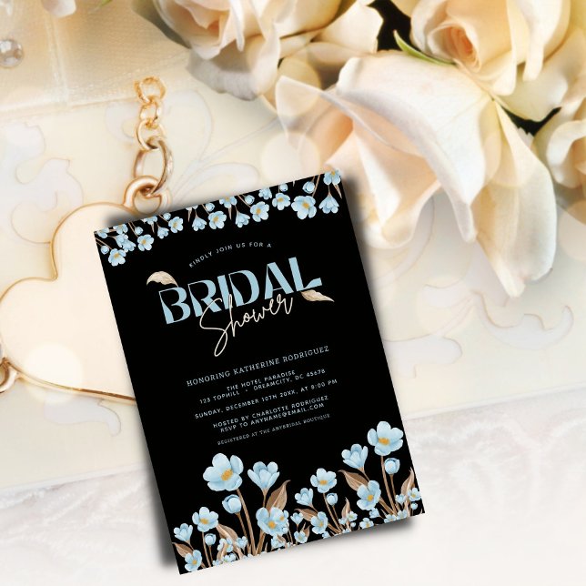 Black Elegant Blue Watercolor Floral Bridal Shower Invitation (Creator Uploaded)