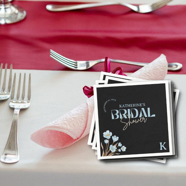 Black Elegant Blue Watercolor Floral Bridal Shower Napkin (Creator Uploaded)