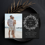 Black Elegant Boho Wildflower Wedding Photo Save The Date<br><div class="desc">This elegant wedding save the date card features wildflowers silhouette wreath with your photo and couples initials on the back.  For more advanced customisation of this design,  please click the BLUE DESIGN TOOL BUTTON above!</div>